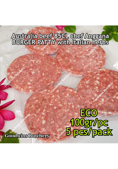 Australia beef mince 85CL Anggana's BURGER PATTY seasoned with Italian herbs ECONOMY THIN frozen price for 500g 5pcs